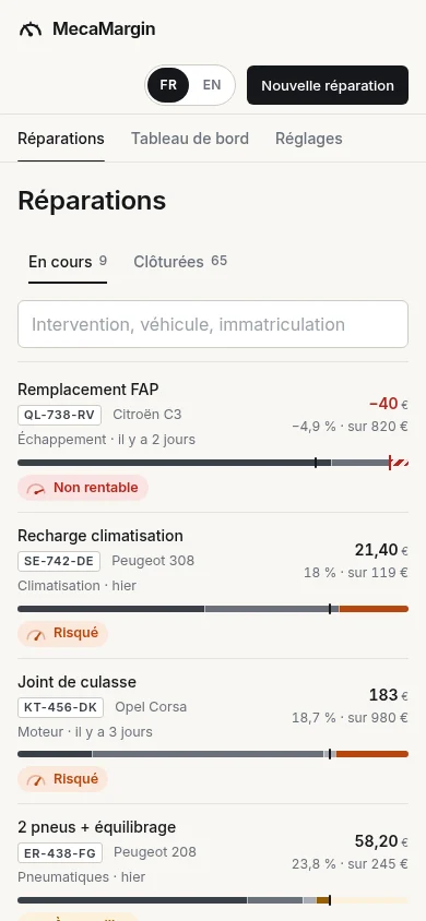 Sur téléphone : les réparations en cours, chacune avec sa jauge de marge et son niveau de risque.